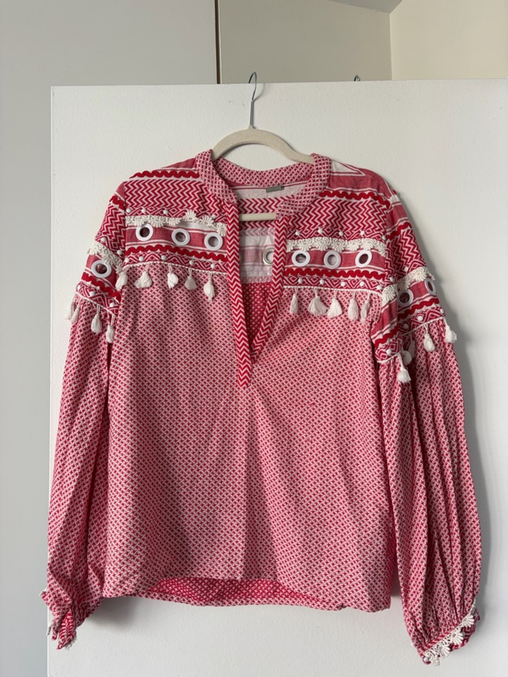 Dodo Bar Or Pink and White Tassel Embroidered Peasant Blouse